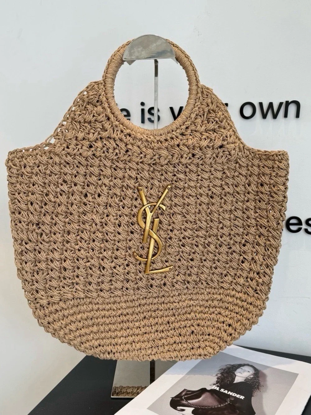YSL Tan Woven Round-Handle Tote with Gold Logo